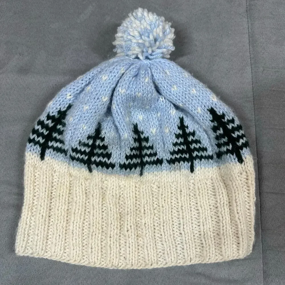 Hand Knit Beanie Pom Pom Hat Tree Pattern One Size Soft Stretchy Winter Ski